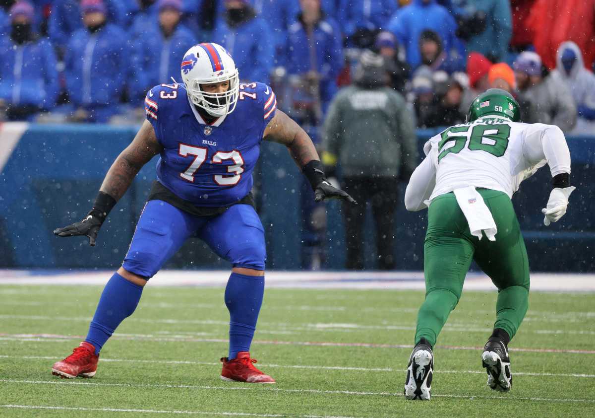 Dion Dawkins lines up to handle a Jets edge rusher at the snap